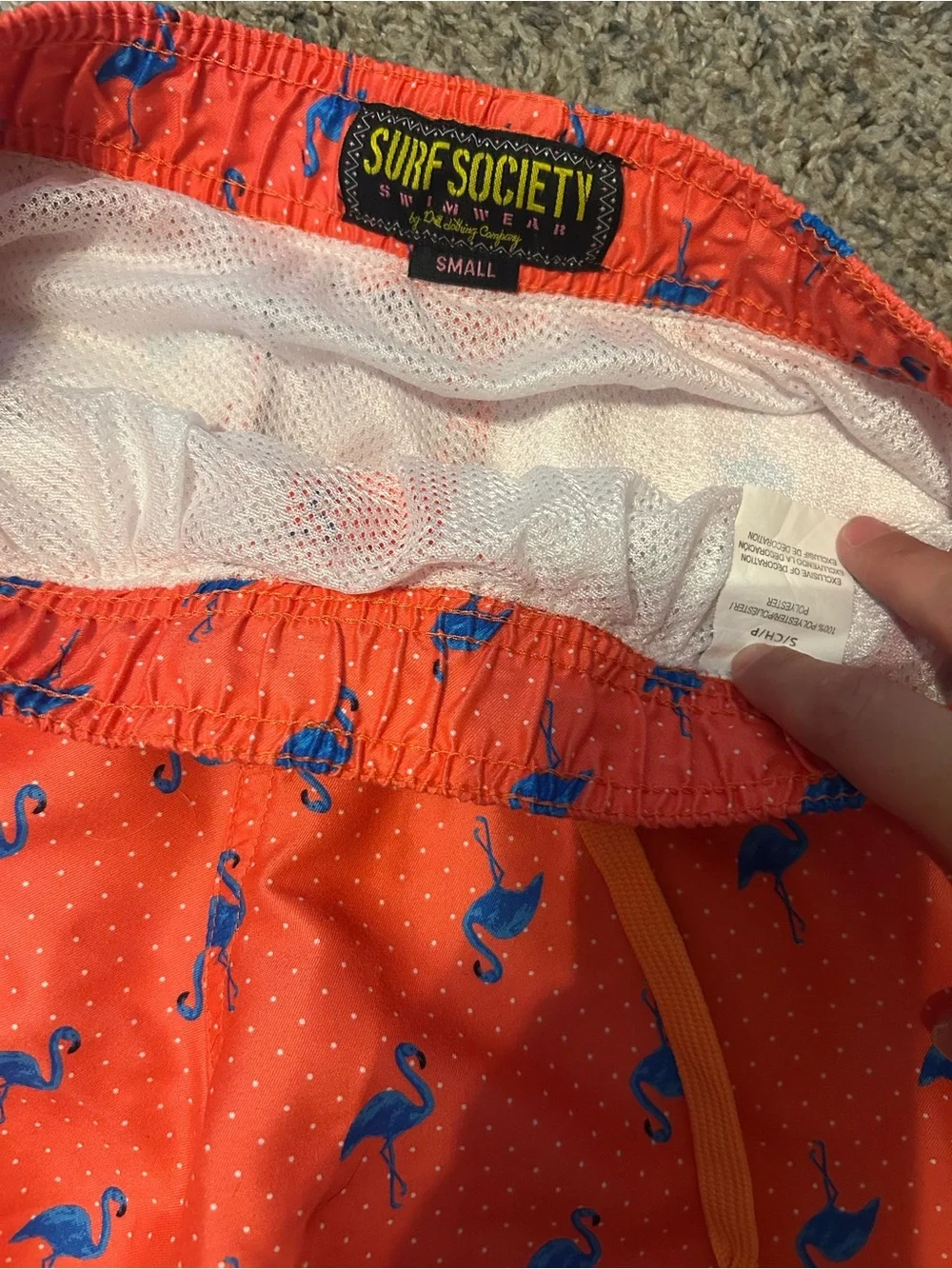 Men's Coral Swim Trunks with Blue Flamingo Print